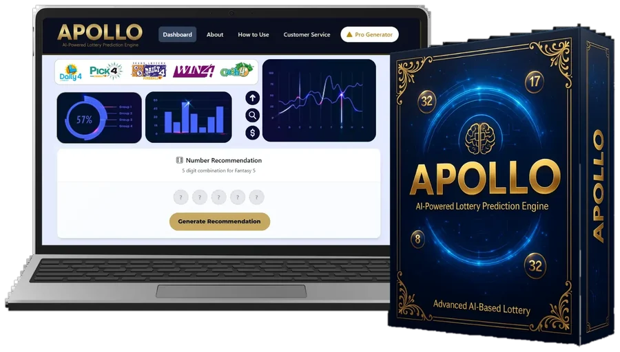 Apollo AI lottery dashboard on a laptop with charts and number recommendation